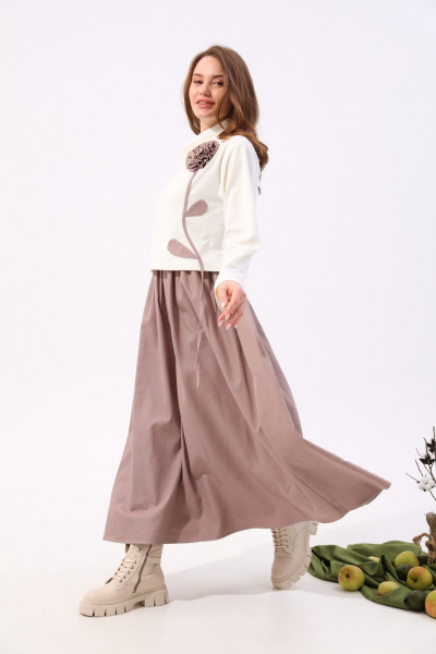 Платье из джинса и трикотажа с сборкой и хомутом NikVa 924-4 молоко+песок - фото 3