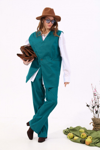 Бирюзовый джинсовый костюм с жилетом и брюками NikVa 937-2 изумруд - фото 7