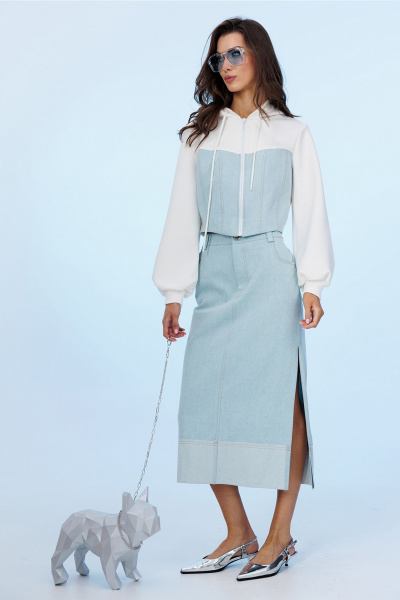 Полуприталенный джемпер из джинса и трикотажа с капюшоном Butеr 3019 молочно-голубой - фото 6