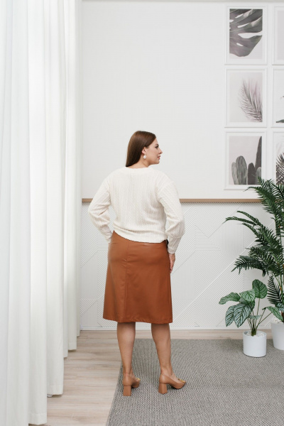 Кожаная миди юбка-трапеция с прорезными карманами MONA STYLE 23043 кэмел - фото 8