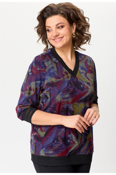 Блуза из трикотажа с рукавом 3/4 и принтом мультиколор БелЭльСтиль 870-3_11_22 сирень - фото 3