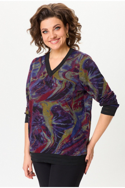 Блуза из трикотажа с рукавом 3/4 и принтом мультиколор БелЭльСтиль 870-3_11_22 сирень - фото 2