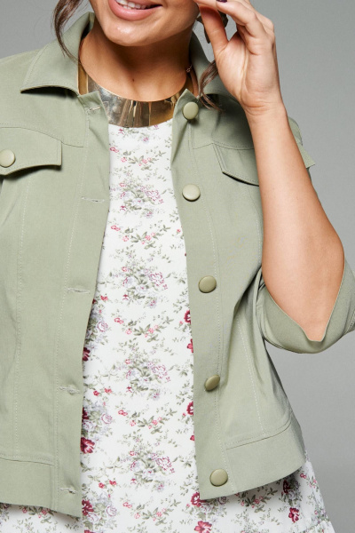Легкий жакет и платье из текстиля с воланами и рельефами Beautiful&Free 6275 олива+цветы - фото 10