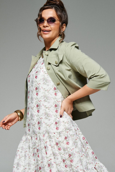 Легкий жакет и платье из текстиля с воланами и рельефами Beautiful&Free 6275 олива+цветы - фото 9