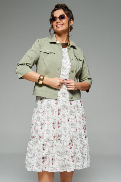 Легкий жакет и платье из текстиля с воланами и рельефами Beautiful&Free 6275 олива+цветы - фото 1