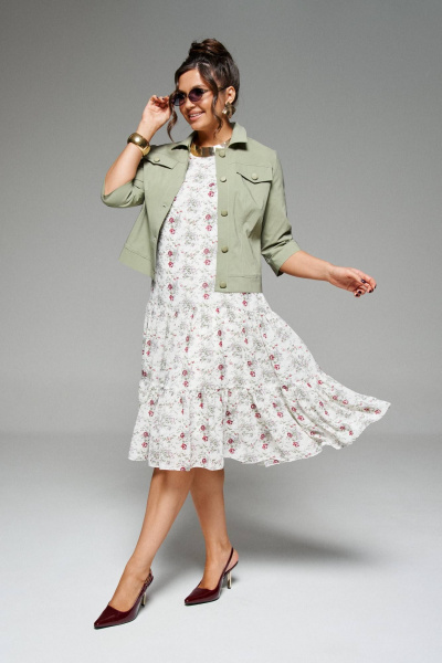 Легкий жакет и платье из текстиля с воланами и рельефами Beautiful&Free 6275 олива+цветы - фото 7