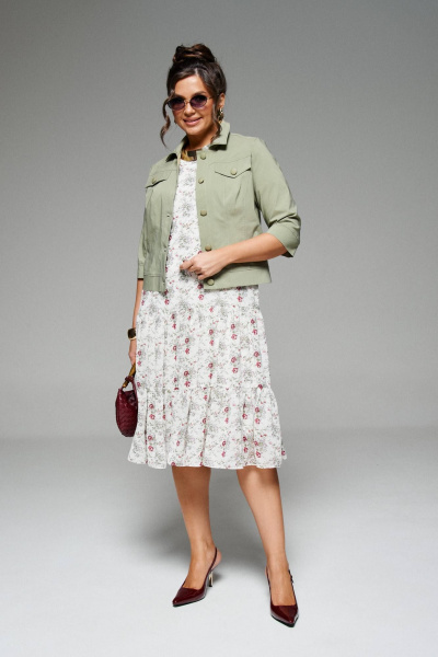 Легкий жакет и платье из текстиля с воланами и рельефами Beautiful&Free 6275 олива+цветы - фото 2