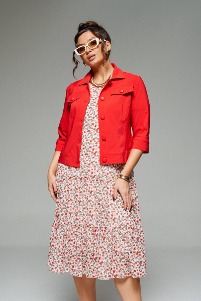 Жакет и платье в стиле кантри из текстиля и шифона Beautiful&Free 6275 красный+цветы - фото 3