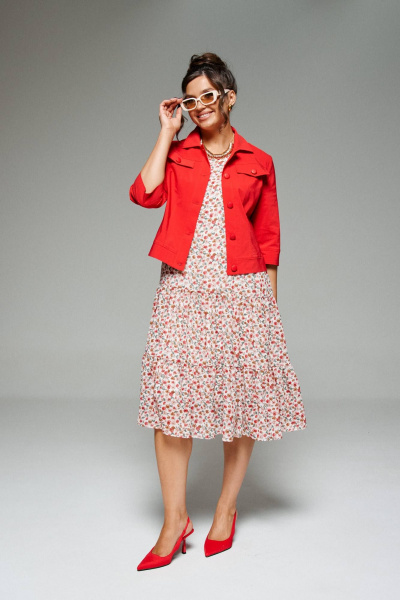 Жакет и платье в стиле кантри из текстиля и шифона Beautiful&Free 6275 красный+цветы - фото 2