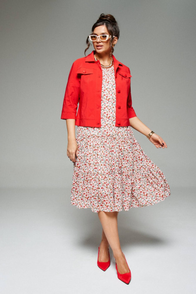 Жакет и платье в стиле кантри из текстиля и шифона Beautiful&Free 6275 красный+цветы - фото 1