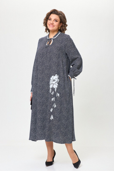 Макси платье трапеция из вискозы с капелькой и вышивкой Michel chic 2170 темно-синий,горох - фото 7