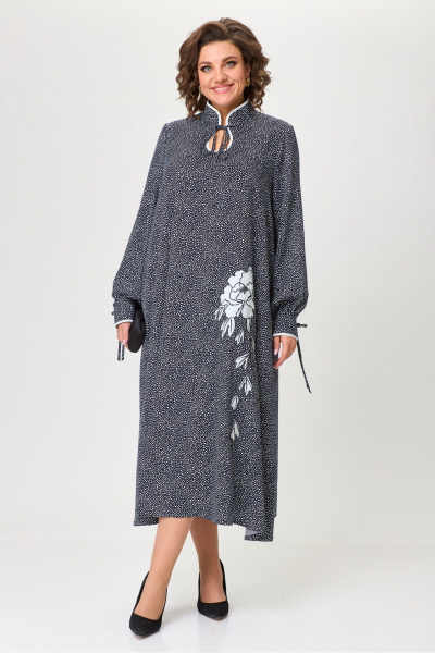 Макси платье трапеция из вискозы с капелькой и вышивкой Michel chic 2170 темно-синий,горох - фото 3