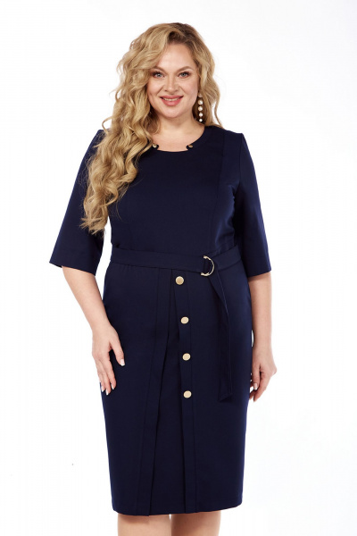 Платье прямое из костюмной ткани с рельефами и поясом Jurimex 3262 синий - фото 3