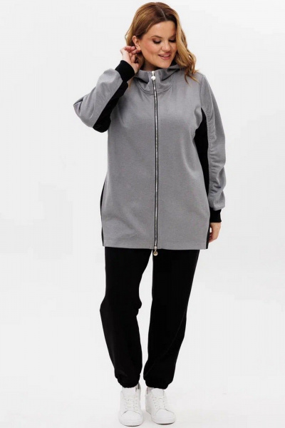 Трикотажный костюм из двух тканей с карманами и резинкой AMUARt 1005-1 черный+серый - фото 3