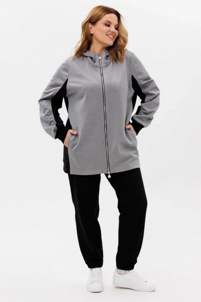 Трикотажный костюм из двух тканей с карманами и резинкой AMUARt 1005-1 черный+серый - фото 2