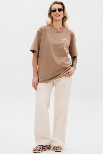 Бежевая оверсайз футболка с контрастной печатью GO F1001a/04-03. 164-170 - фото 3