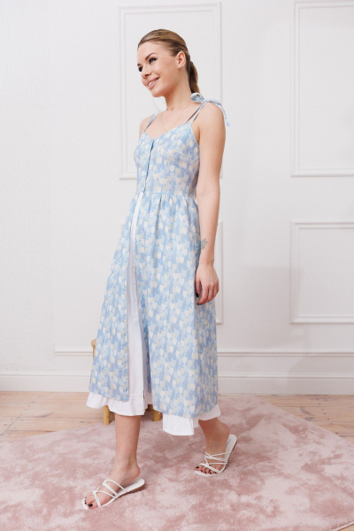 Элегантное летнее платье с бретелями и сборками Marshop М148 синий - фото 14