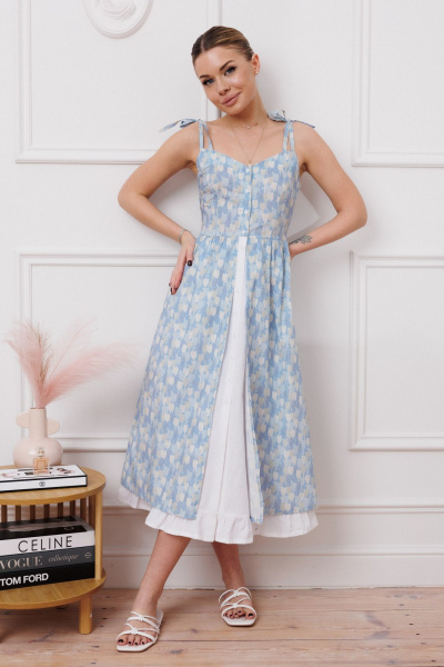 Элегантное летнее платье с бретелями и сборками Marshop М148 синий - фото 3