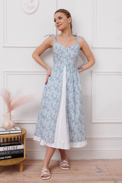 Элегантное летнее платье с бретелями и сборками Marshop М148 синий - фото 2