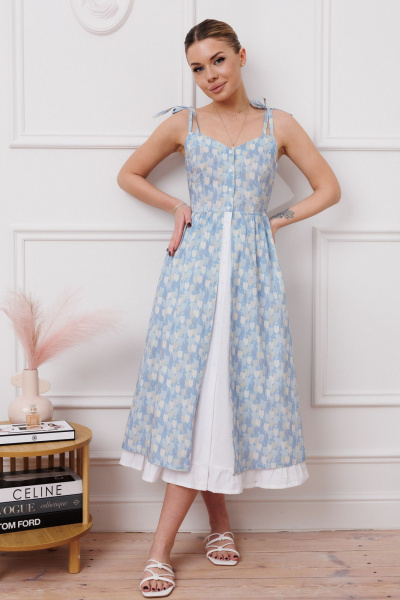 Элегантное летнее платье с бретелями и сборками Marshop М148 синий - фото 1