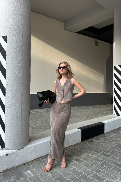 Жилет и юбка классический комплект из текстиля Marshop М200 кофе - фото 1