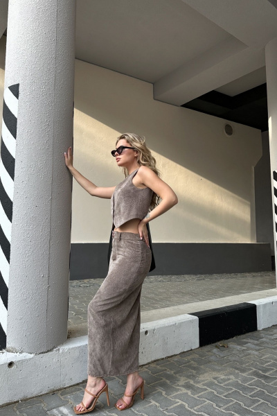 Жилет и юбка классический комплект из текстиля Marshop М200 кофе - фото 2