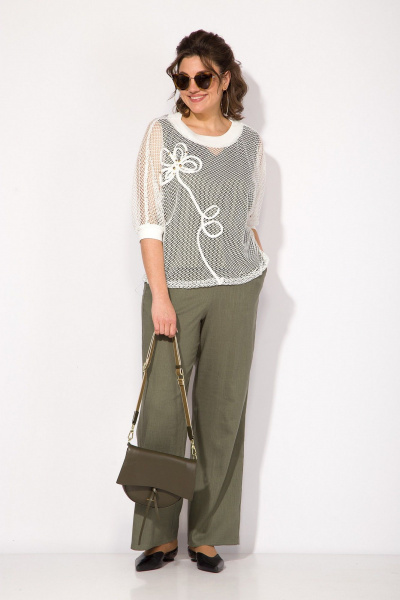 Оригинальный комплект из топа, брюк и блузы в стиле спорт-шик Liliana 1410 белый+хаки - фото 4