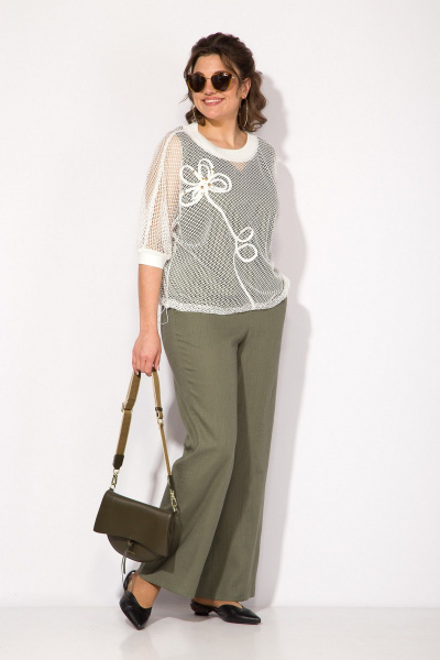 Оригинальный комплект из топа, брюк и блузы в стиле спорт-шик Liliana 1410 белый+хаки - фото 1