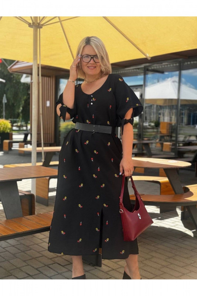 Мини летнее платье с рукавами и карманами GRATTO 8440 черный+принт - фото 3