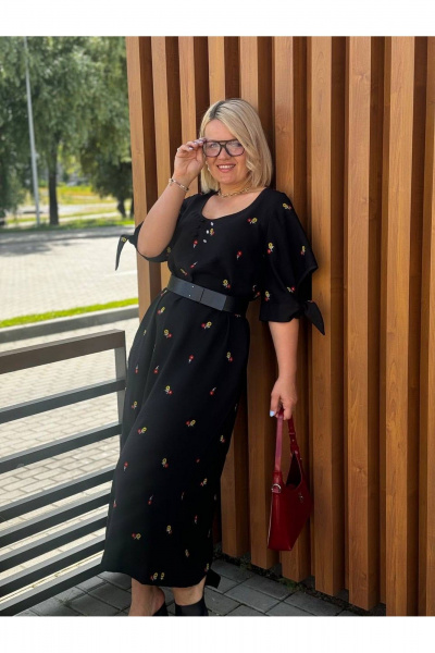 Мини летнее платье с рукавами и карманами GRATTO 8440 черный+принт - фото 2