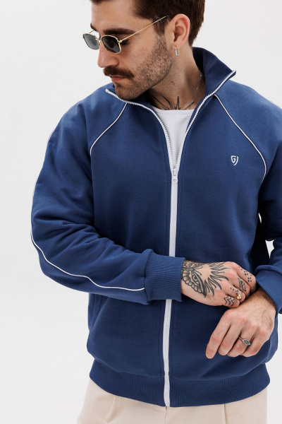 Синий зип-джемпер из трикотажа с вышивкой и контрастным кантом GO M4082/20-01. 176-182 - фото 3