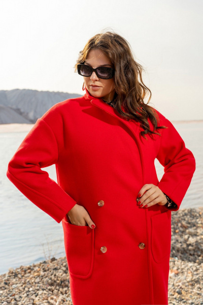 Двубортное пальто из пальтовой ткани с карманами Andina 1007 красное - фото 8