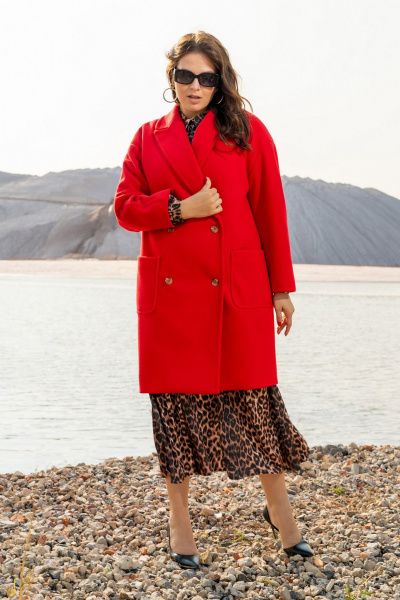 Двубортное пальто из пальтовой ткани с карманами Andina 1007 красное - фото 4