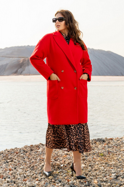 Двубортное пальто из пальтовой ткани с карманами Andina 1007 красное - фото 3