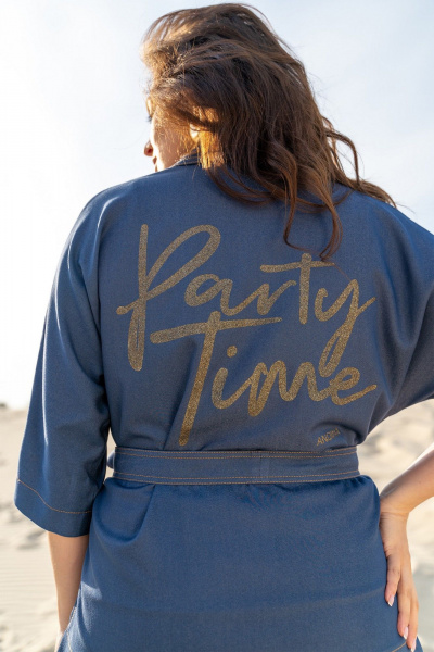 Тройка: брючный костюм с топом и жакетом из текстиля Andina 3003 деним/шафран - фото 2