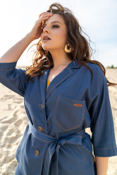 Тройка: брючный костюм с топом и жакетом из текстиля Andina 3003 деним/шафран - фото 8