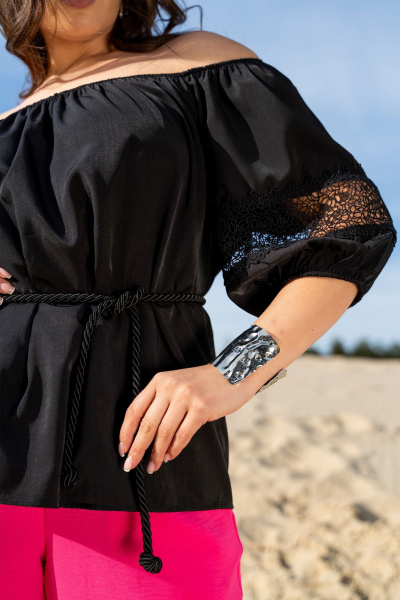 Комплект из блузки реглан и брюк с резинками и карманами Andina 952 черный/фуксия - фото 10