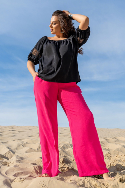 Комплект из блузки реглан и брюк с резинками и карманами Andina 952 черный/фуксия - фото 1