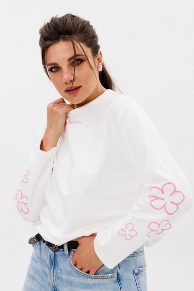 Лонгслив из хлопка с вышивкой и цветочным узором Anelli 1432 белый - фото 10