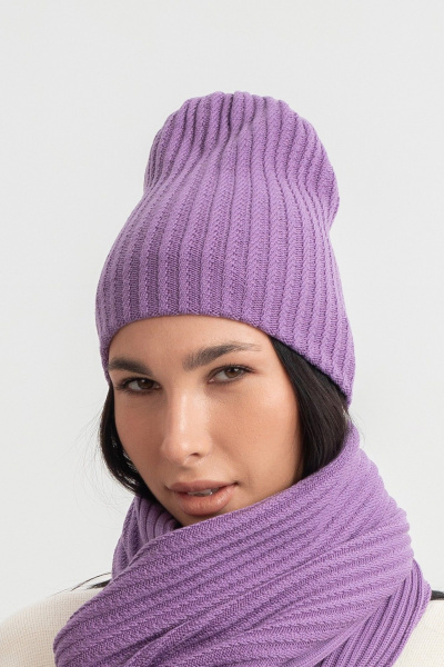 Фиолетовая вязаная двухслойная шапка с косами AREOLA 10153 фиалка - фото 2