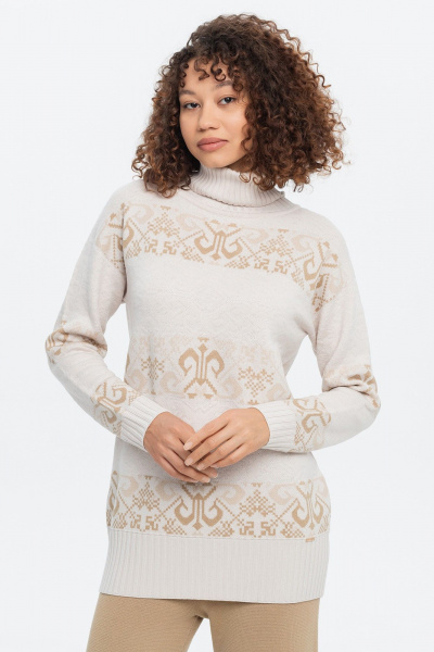 Свитер молочный жаккардовый с высоким воротом и длиной 72 см AREOLA 10455 брюле/арахис/щербет - фото 5