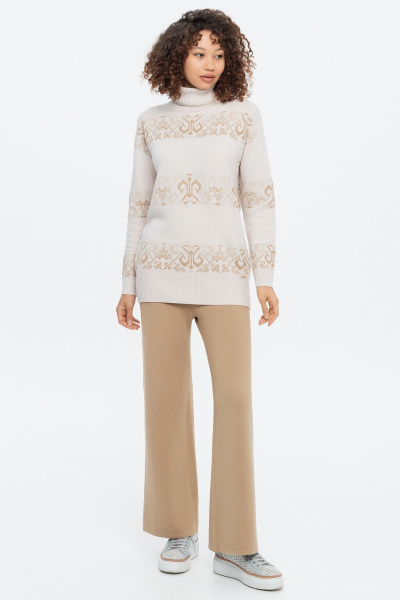 Свитер молочный жаккардовый с высоким воротом и длиной 72 см AREOLA 10455 брюле/арахис/щербет - фото 3