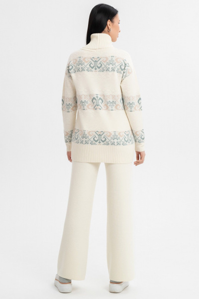Свитер бежевый жаккардовый с воротом-отворотом и длиной 72 см AREOLA 10455 жемчуг/арахис/абсент - фото 9