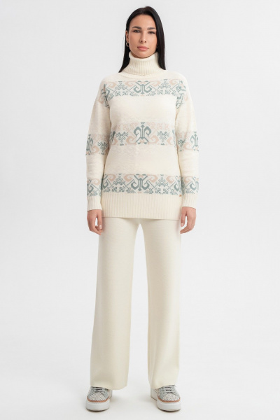 Свитер бежевый жаккардовый с воротом-отворотом и длиной 72 см AREOLA 10455 жемчуг/арахис/абсент - фото 8