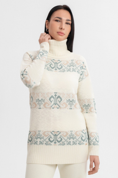 Свитер бежевый жаккардовый с воротом-отворотом и длиной 72 см AREOLA 10455 жемчуг/арахис/абсент - фото 6