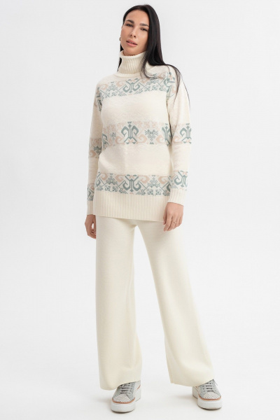 Свитер бежевый жаккардовый с воротом-отворотом и длиной 72 см AREOLA 10455 жемчуг/арахис/абсент - фото 3