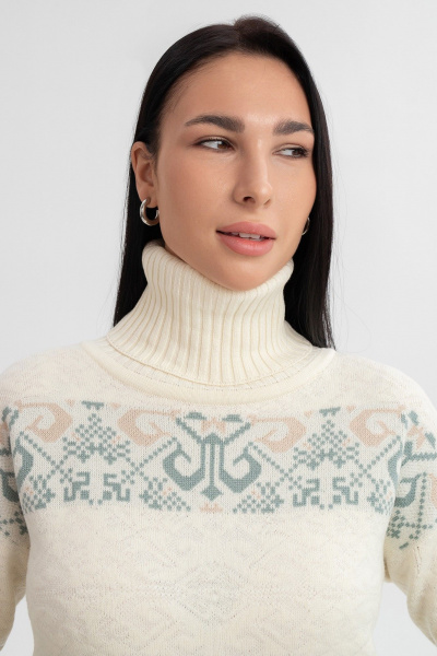 Свитер бежевый жаккардовый с воротом-отворотом и длиной 72 см AREOLA 10455 жемчуг/арахис/абсент - фото 2