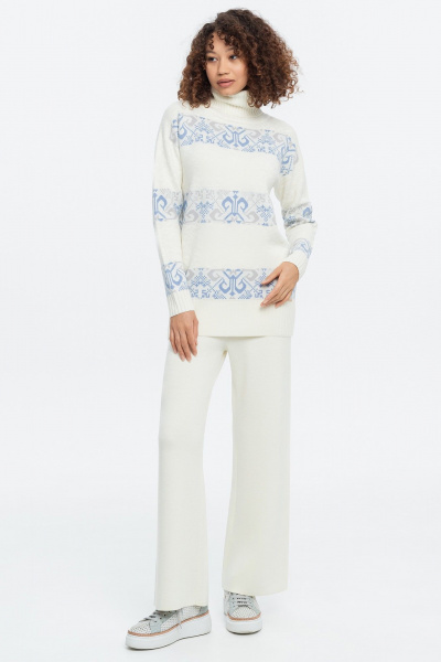 Свитер молочный жаккардовый с высоким воротом и длиной 72 см AREOLA 10455 жемчуг/ракушка/небесный - фото 7