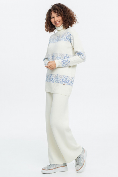 Свитер молочный жаккардовый с высоким воротом и длиной 72 см AREOLA 10455 жемчуг/ракушка/небесный - фото 5