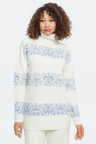 Свитер молочный жаккардовый с высоким воротом и длиной 72 см AREOLA 10455 жемчуг/ракушка/небесный - фото 4
